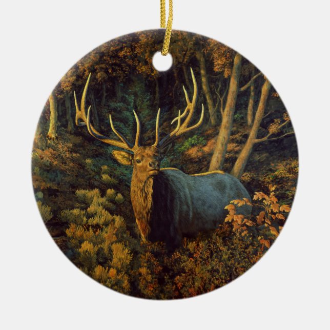 Bull Elk in Autumn Forest Ceramic Ornament (Front)