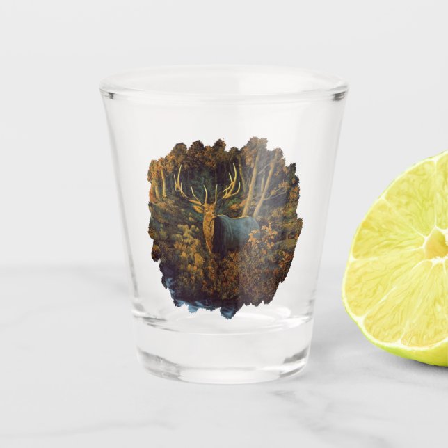 Bull Elk in Autumn Forest Shot Glass (Front)