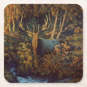 Bull Elk in Autumn Forest Square Paper Coaster