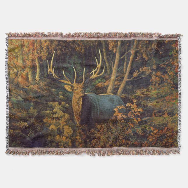 Bull Elk in Autumn Forest Throw Blanket (Front)