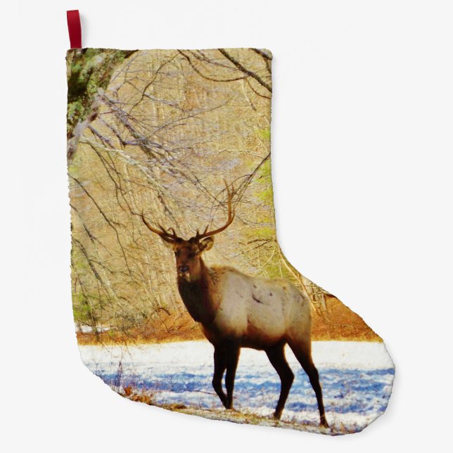 Bull elk in Snow Large Christmas Stocking (Front)