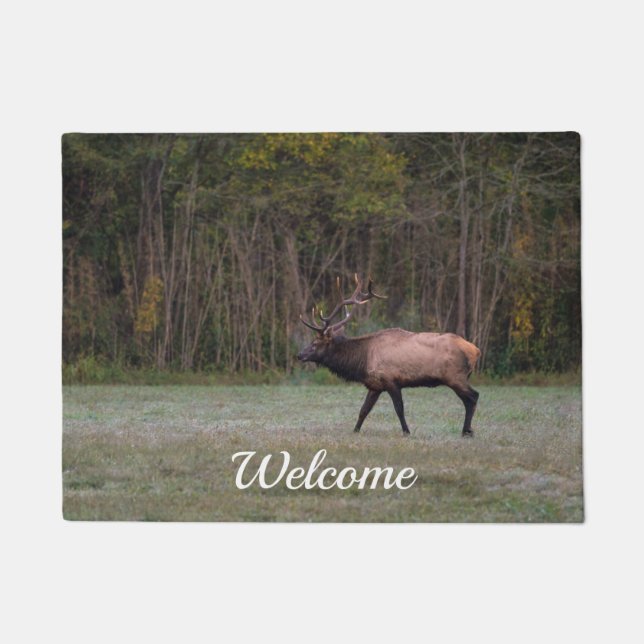Bull Elk Morning Walk Welcome Doormat (Front)