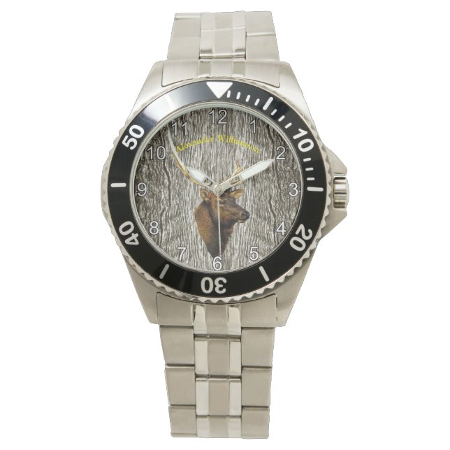 Bull Elk on Rustic Wood background Watch (Front)