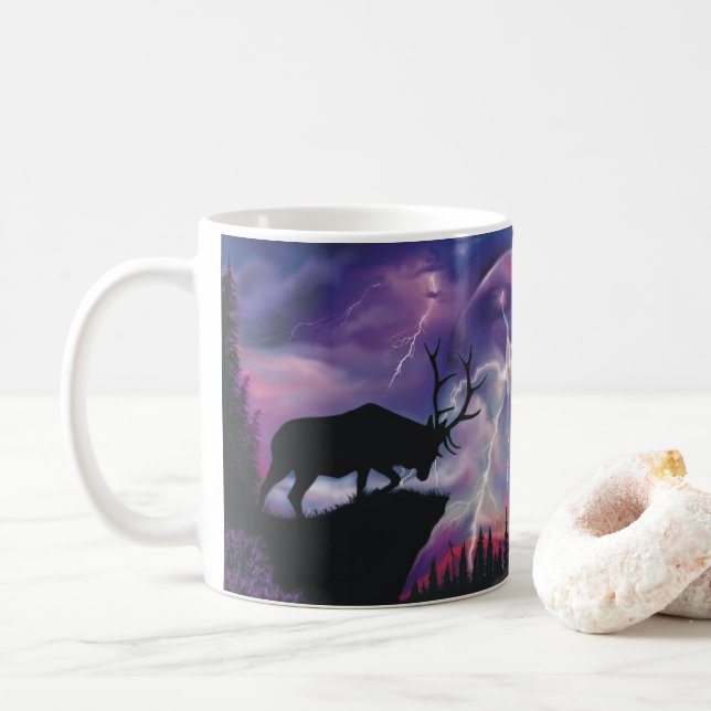 Bull Elk Overlooking Lightning Storm! Coffee Mug (With Donut)