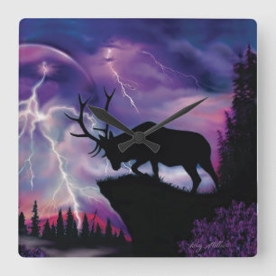 Bull Elk Overlooking Lightning Storm Square Wall Clock
