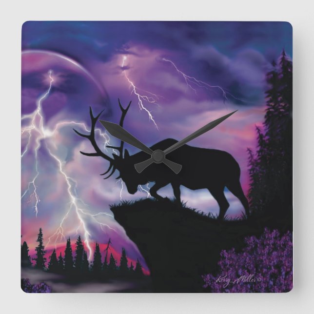 Bull Elk Overlooking Lightning Storm Square Wall Clock (Front)