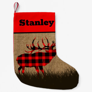 Bull Elk Plaid Burlap Christmas Stocking