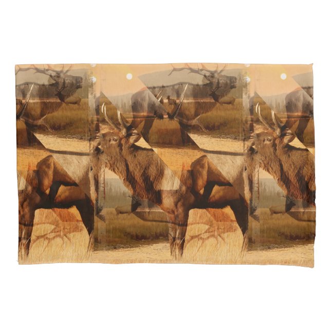Bull Elk Sunrise Collage Pillowcase (Front)