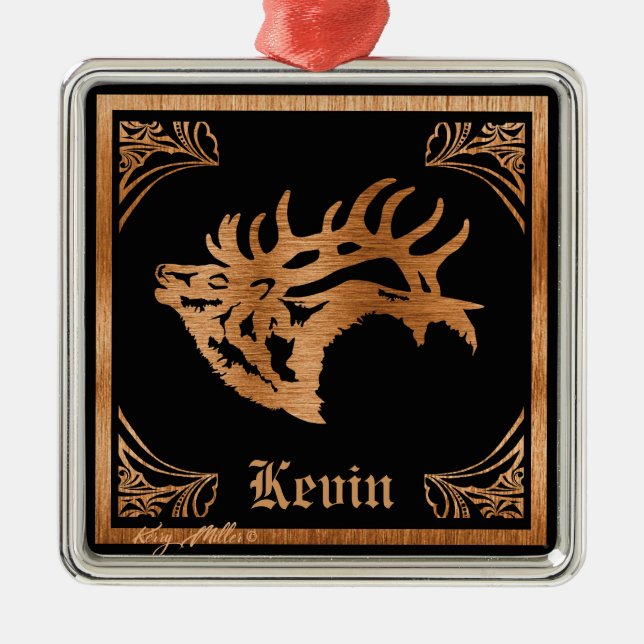 Bull Elk Wood Silhouette Metal Ornament (Front)