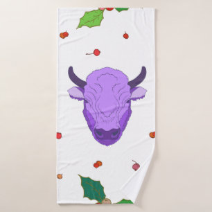 Bull, holly, mistletoe and berries. The symbol o Bath Towel