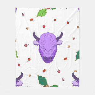 Bull, holly, mistletoe and berries. The symbol o Fleece Blanket
