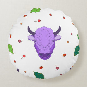 Bull, holly, mistletoe and berries. The symbol o Round Cushion