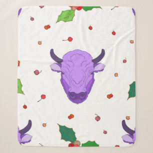 Bull, holly, mistletoe and berries. The symbol o Sherpa Blanket