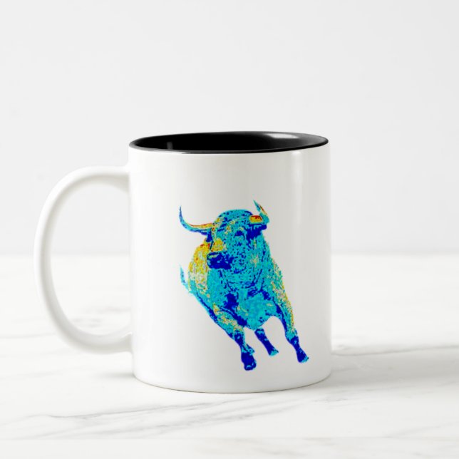 Bull in blue colour Two-Tone coffee mug (Left)