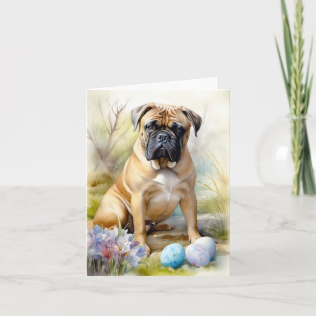 Bull Mastiff Dog with Easter Eggs Holiday  Card (Front)