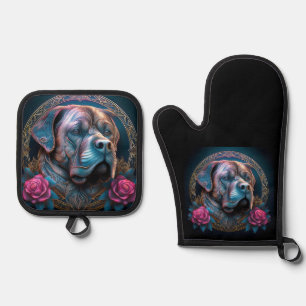Bull Mastiff Peers Through A Time Portal Oven Mitt & Pot Holder Set