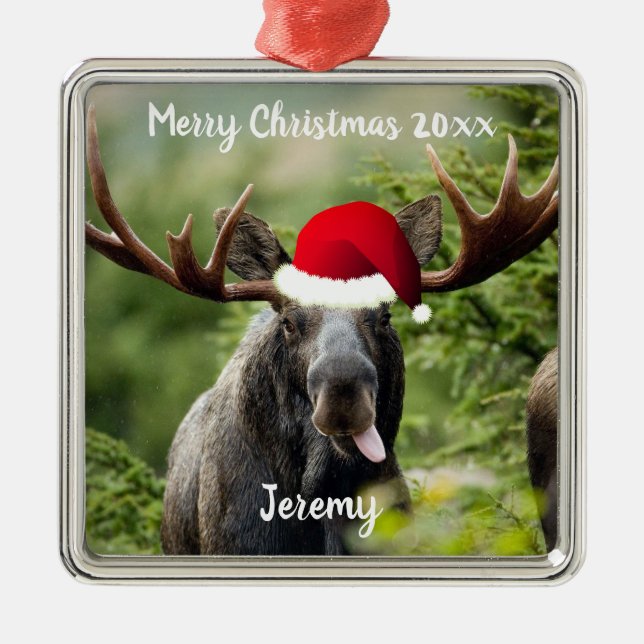 Bull Moose in Santa Hat Ornament (Front)