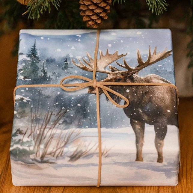 Bull Moose in Winter Snow Nature  Wrapping Paper Sheet (Rustic wildlife-themed moose in the snow wrapping paper, ideal for men.)