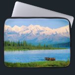 Bull moose in Wonder Lake Laptop Sleeve<br><div class="desc">Wonder Lake,  Bull moose feeds on vegetation,  Alaska mountains in the distance,  Denali National Park,  Alaska</div>