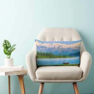Bull moose in Wonder Lake Lumbar Cushion