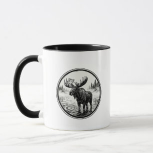 Bull Moose Lake Woodcut Black Accent Mug
