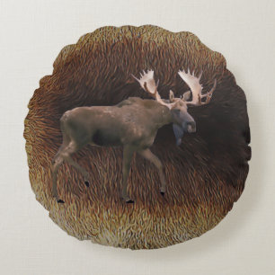 Bull Moose On Caribou Fur Round Cushion