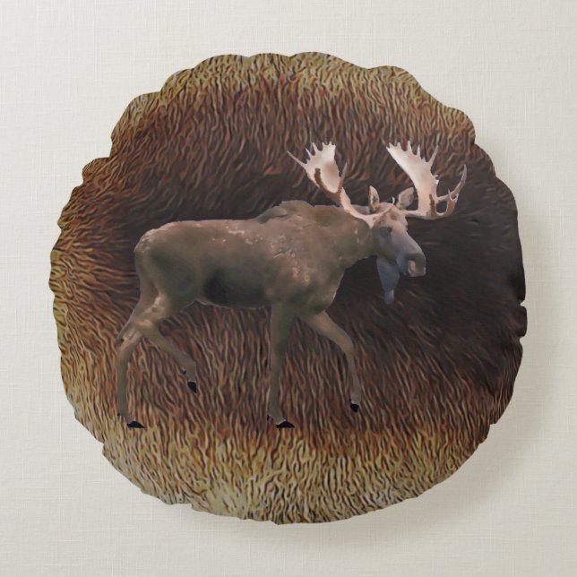 Bull Moose On Caribou Fur Round Cushion (Front)