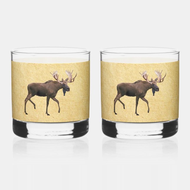 Bull Moose On Old Paper Whiskey Glass (Front)