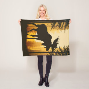 Bull Moose Silhouette Foggy Misty Forest Dawn Fleece Blanket