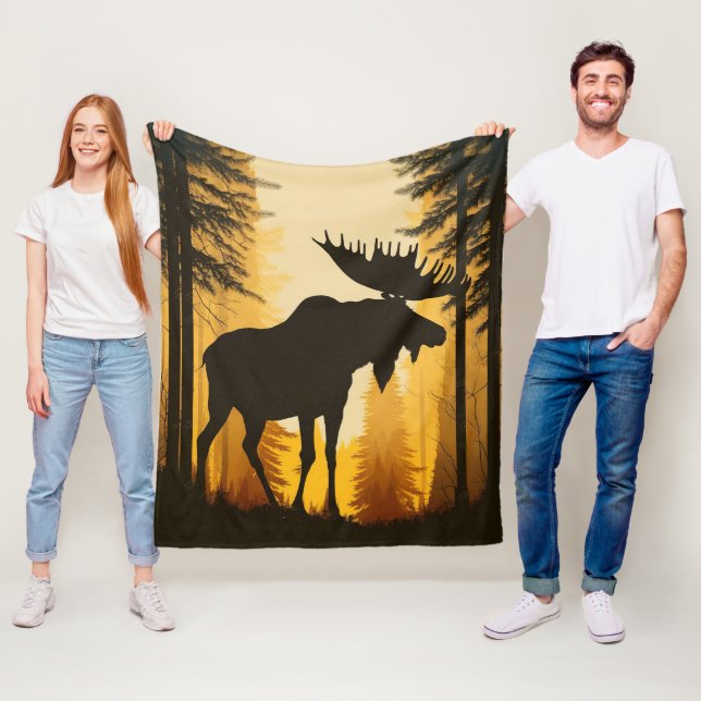 Bull Moose Silhouette Foggy Misty Forest Dawn Fleece Blanket (In Situ)
