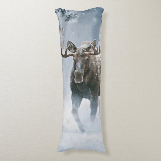 Bull Moose Walking Through Boreal Snow Body Cushion (Front Vertical)