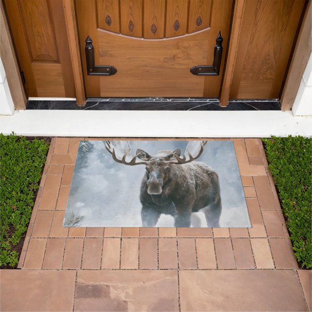 Bull Moose Walking Through Boreal Snow Doormat (Outdoor)