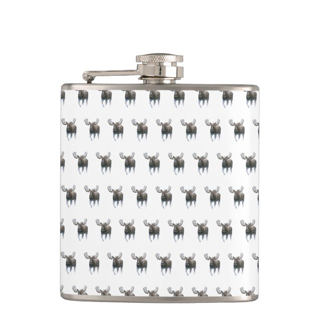 Bull Moose Walking Through Boreal Snow Hip Flask (Front)