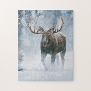 Bull Moose Walking Through Boreal Snow Jigsaw Puzzle
