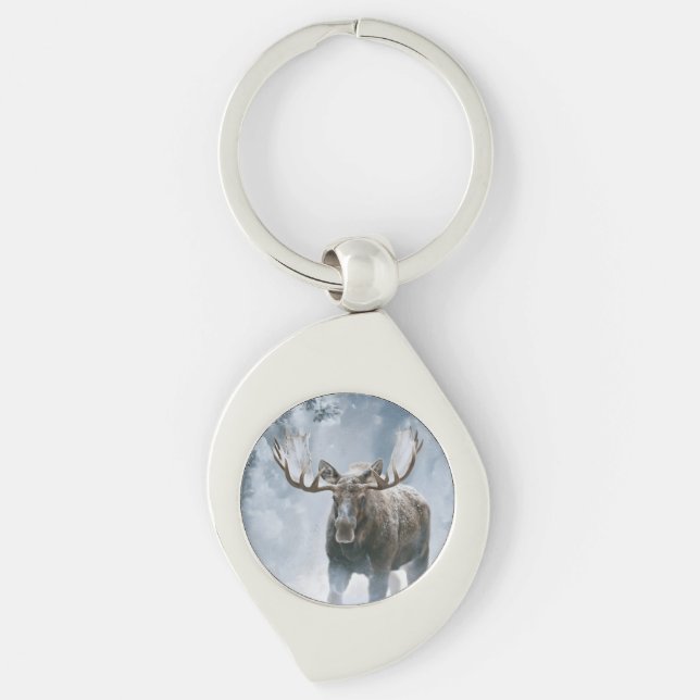 Bull Moose Walking Through Boreal Snow Key Ring (Front)