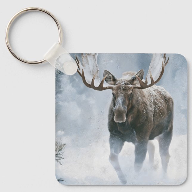 Bull Moose Walking Through Boreal Snow Key Ring (Front)