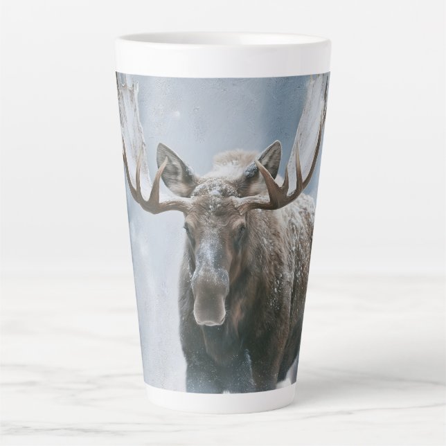 Bull Moose Walking Through Boreal Snow Latte Mug (Front)