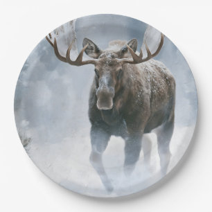 Bull Moose Walking Through Boreal Snow Paper Plate