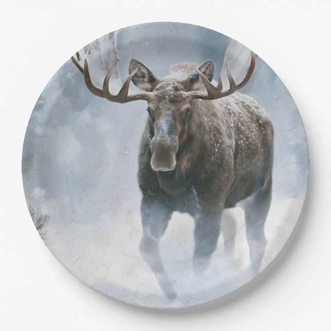 Bull Moose Walking Through Boreal Snow Paper Plate (Front)