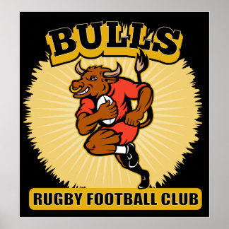 Bull playing rugby running with ball poster