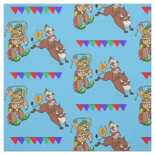 Bull Rider and Rodeo Clown With Flags Fabric