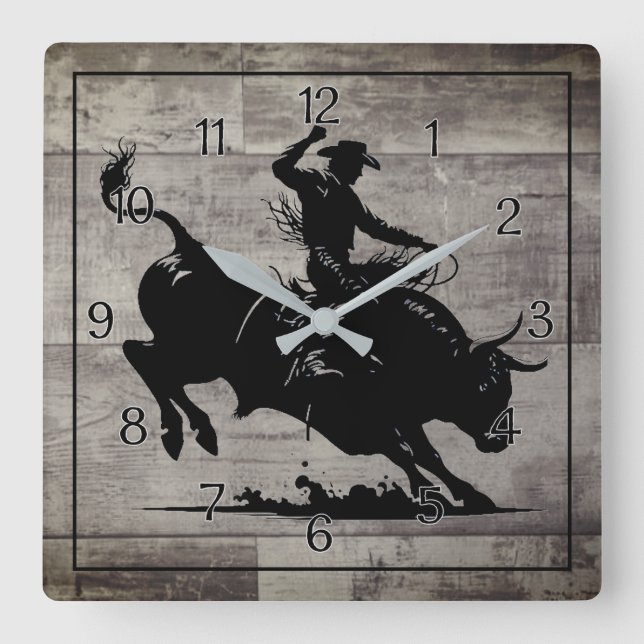  Bull Rider Rodeo Rustic Square Wall Clock (Front)