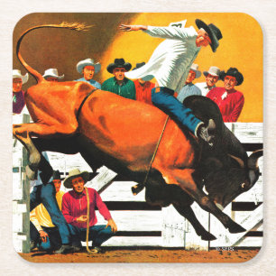Bull Riding by Fred Ludekens Square Paper Coaster