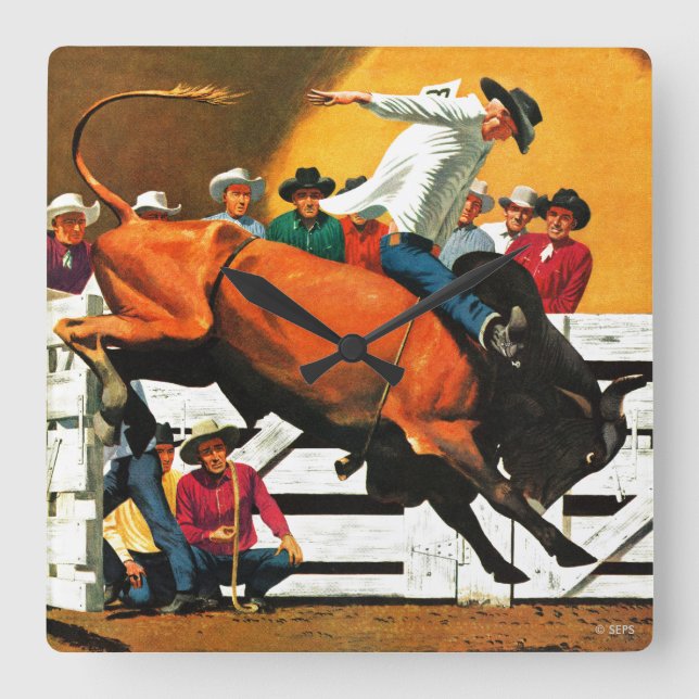 Bull Riding by Fred Ludekens Square Wall Clock (Front)