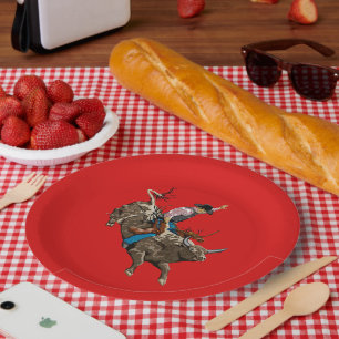Bull riding rodeo cowboy paper plate