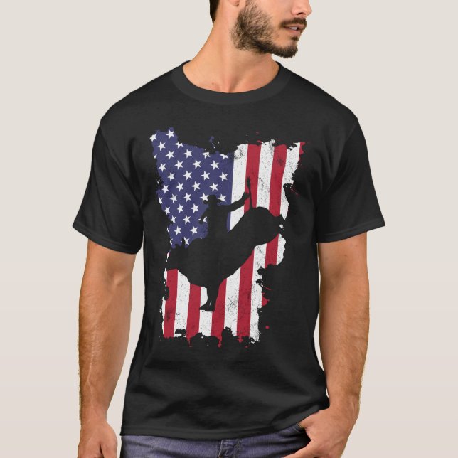 Bull Riding Rodeo Cowboy USA Flag 4th Of July T-Shirt (Front)