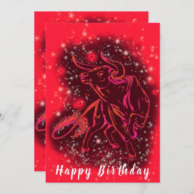 Bull Running In Red Starry Night Birthday Card (Front/Back)