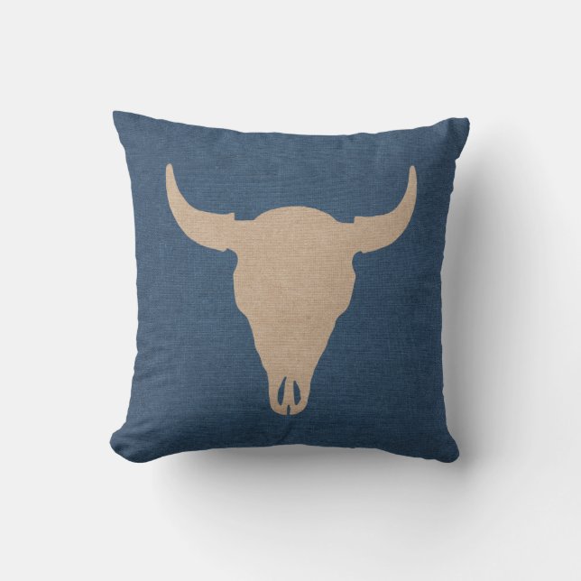 Bull Skull and Horns Denim Blue Cushion (Front)