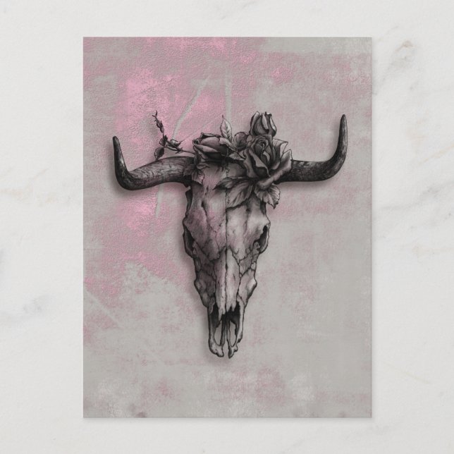 Bull Skull and Rose and Grey Pink Abstract Art Postcard (Front)