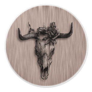 Bull Skull and Rose on Fibre pattern background Ceramic Knob